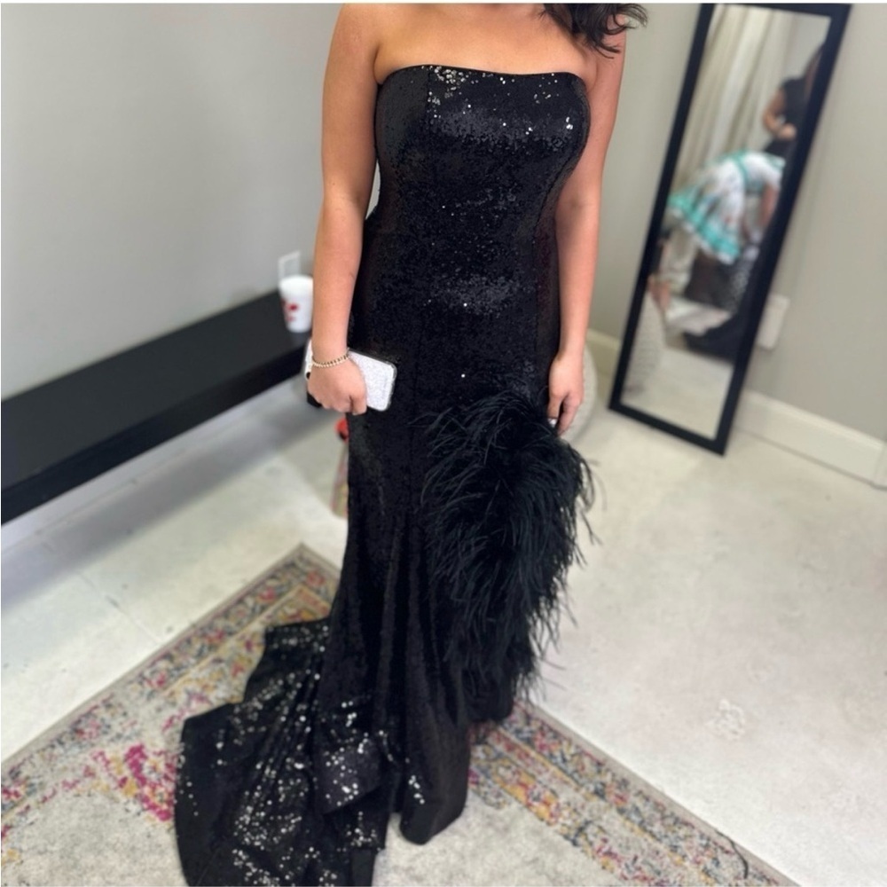 Sherri Hill Black Strapless Sequin Gown with Feather Accent